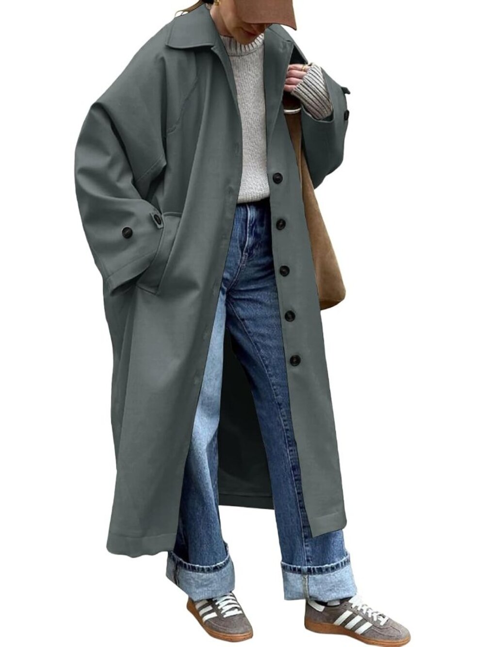 Women's Grey Oversized Windproof Single-Breasted Lapel Fall Duster Trench Coat